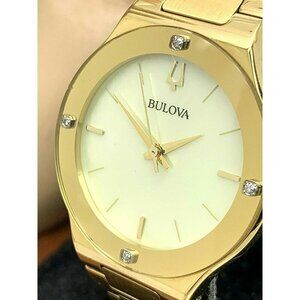 Bulova Women's Watch 97R102 Gold Steel White Mother of Pearl Dial Diamon…